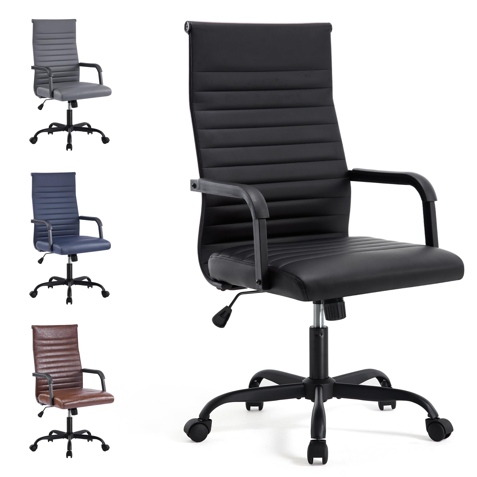 Office Desk Chair, Ergonomic Conference Room Chairs, PU Leather Executive Ribbed Computer Chair, Swivel Rolling Chair for Home Office