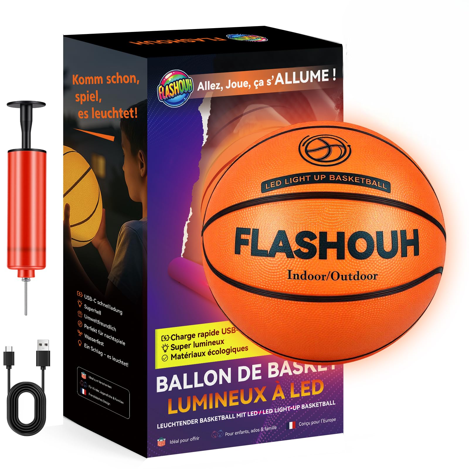 Véritable Ballon de Basket LED T7 Rechargeable USB-C - Pompe Incluse