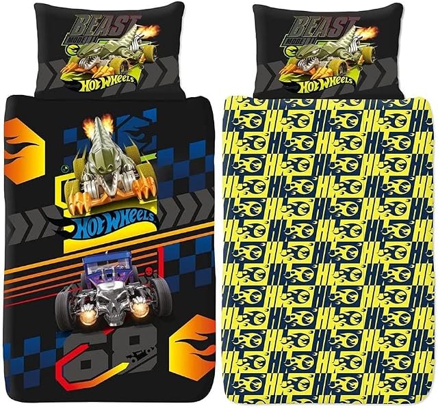 Hot Wheels Single Duvet Cover - Bone Shaker 68 Design - Official Reversible Bedding Set with Pillowcase - Polycotton - Ideal For Car Mad Kids