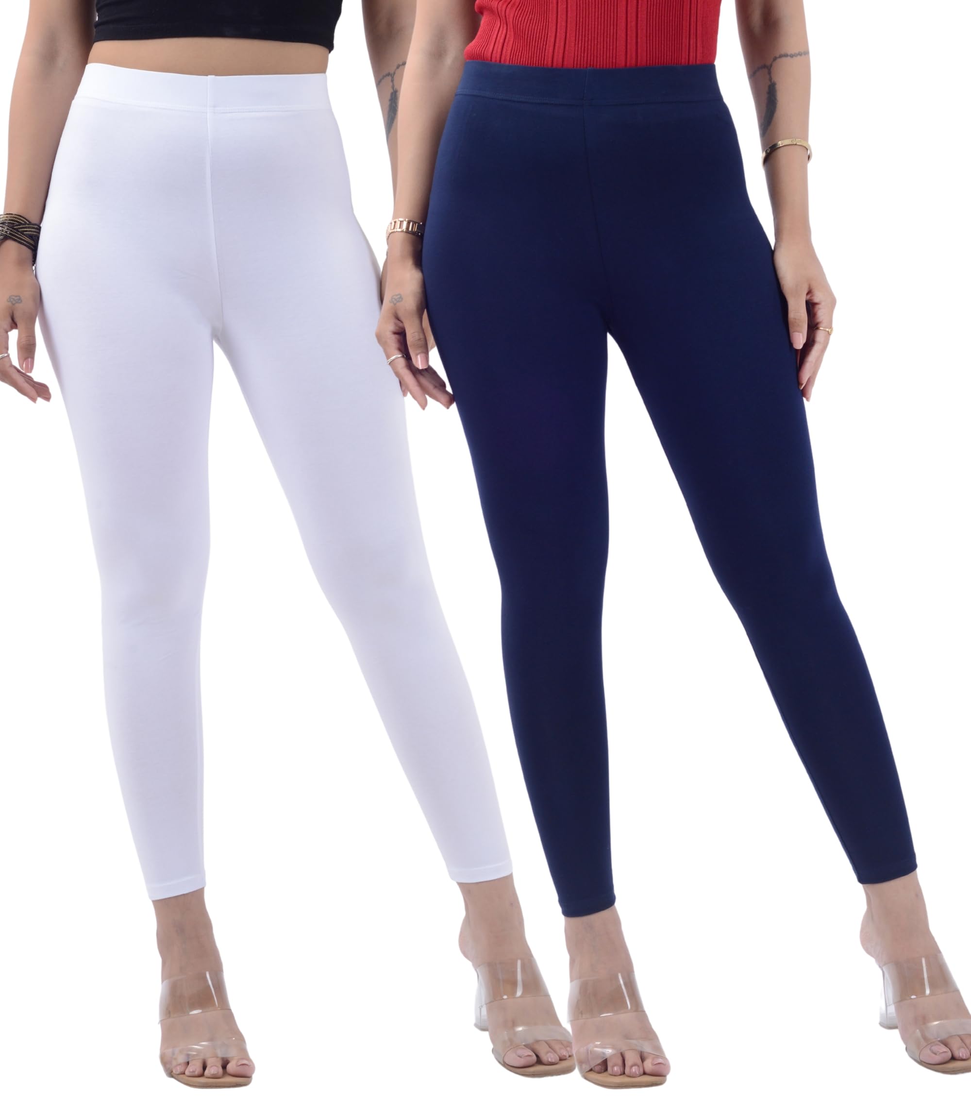 colrina Cotton Ankle Length Leggings Combo Pack of 2 for Women & Girls | Stretchable Elastane Fabric | Non See Through | High Waist Regular Fit Casual Leggings-picture-39