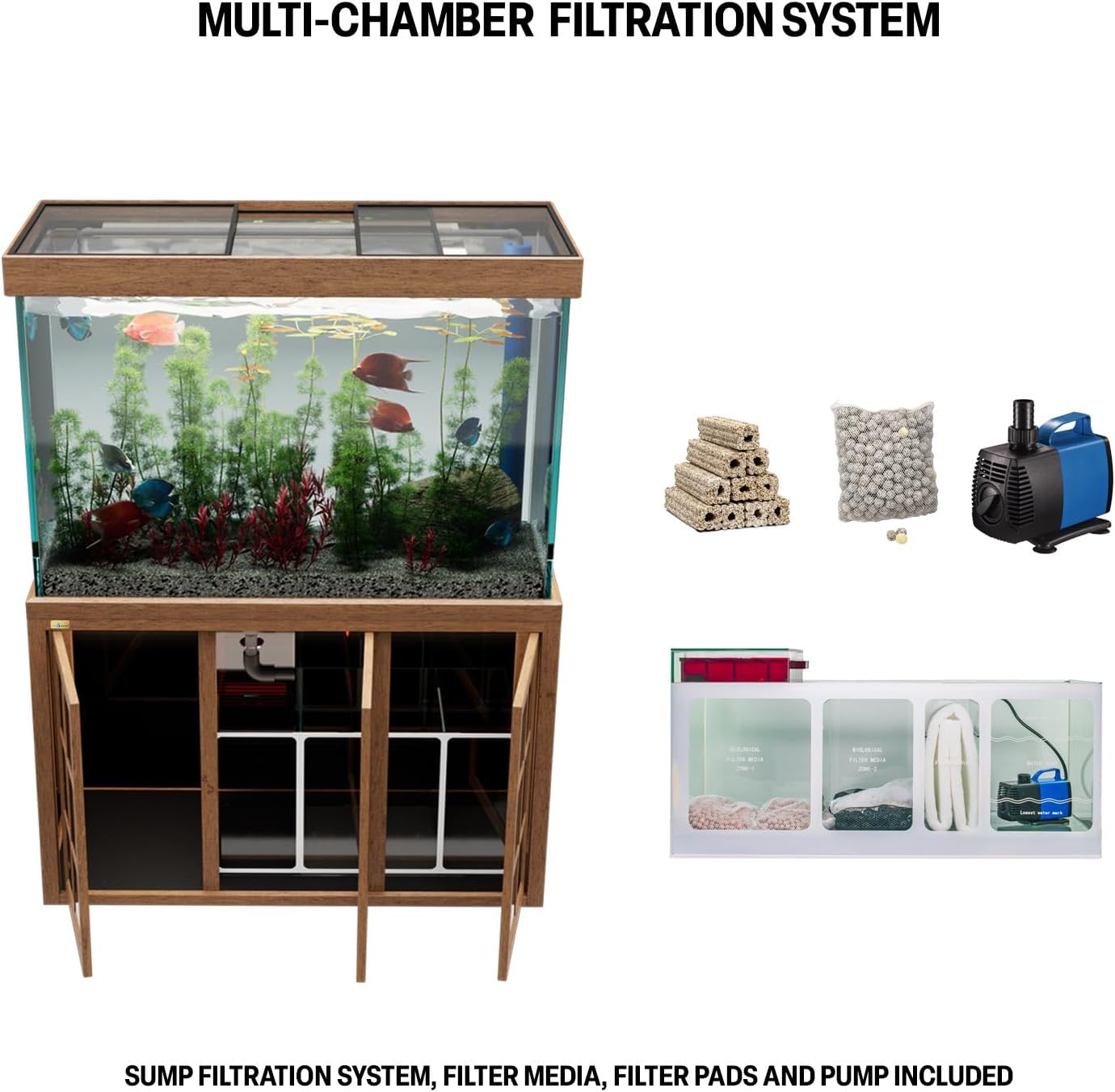 Aqua Dream 175 Gallon Aquarium Fish Tank with Upright Fishtank Stand Water Pump Freshwater Filter LED Bundle and Straight Corners Clear Glass - Brown Wood Finish