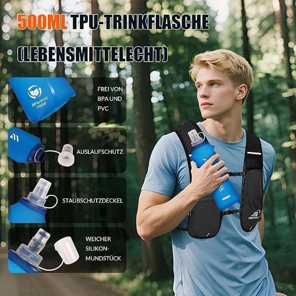 Marke: ONETOALL ONETOALL Laufweste Damen mit 500ml Trinkflasche/2L Trinkblase, Leichter Trinkrucksack Laufen Herren 6L, Runing Vest Reflektierend für Jogging, Trailrunning, Fahrrad, Marathon, Motorrad, nur 150g in use
