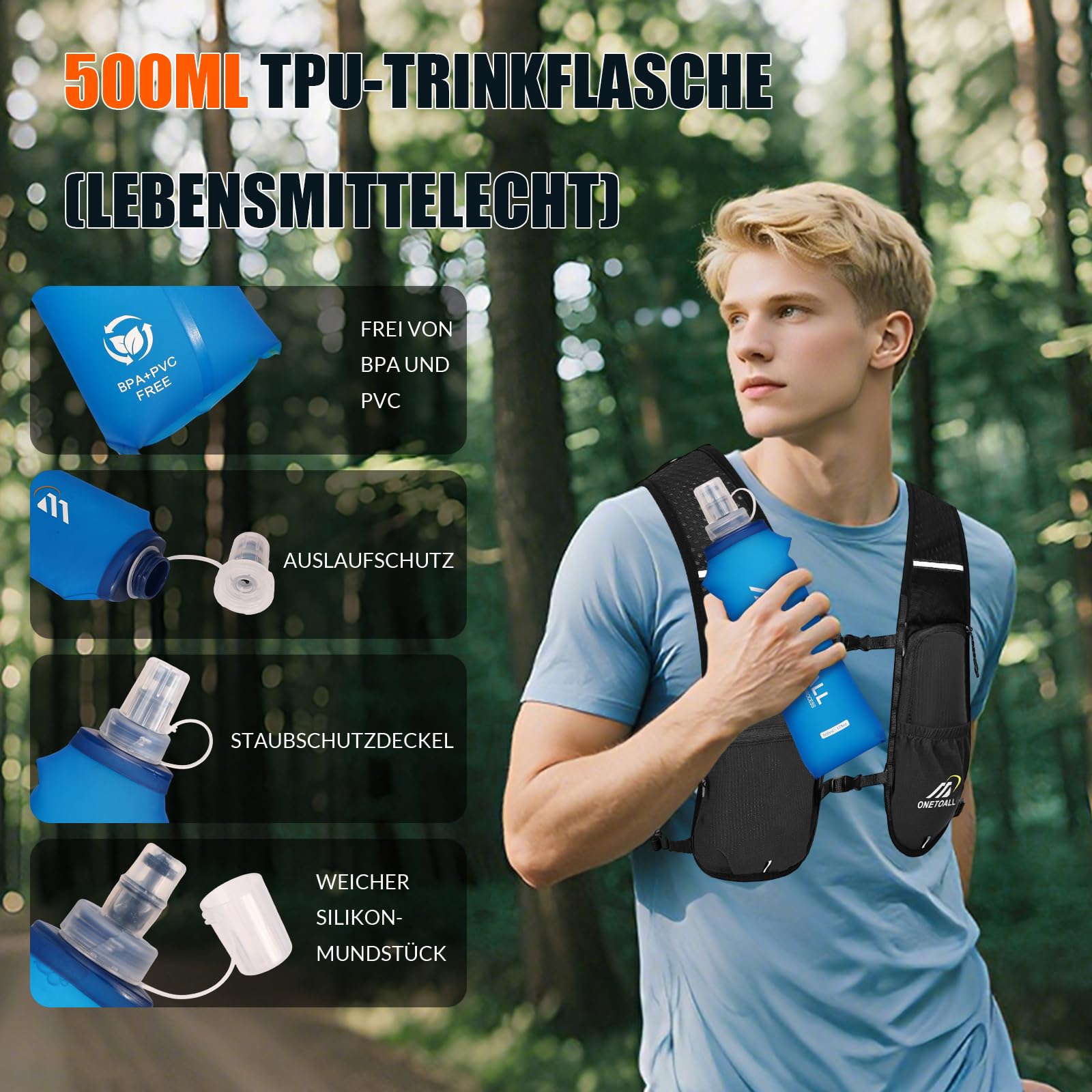 Marke: ONETOALL ONETOALL Laufweste Damen mit 500ml Trinkflasche/2L Trinkblase, Leichter Trinkrucksack Laufen Herren 6L, Runing Vest Reflektierend für Jogging, Trailrunning, Fahrrad, Marathon, Motorrad, nur 150g in use