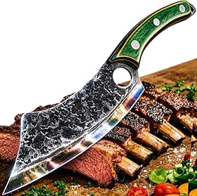 Faca Cutelo Quebra Osso Estilo Sérvio Artesanal para Churrasqueiro Profissional, Aço de Alto Carbono Martelado, Ideal para Carnes Pesadas, Frango e Costela, Inclui Capa Protetora Premium.