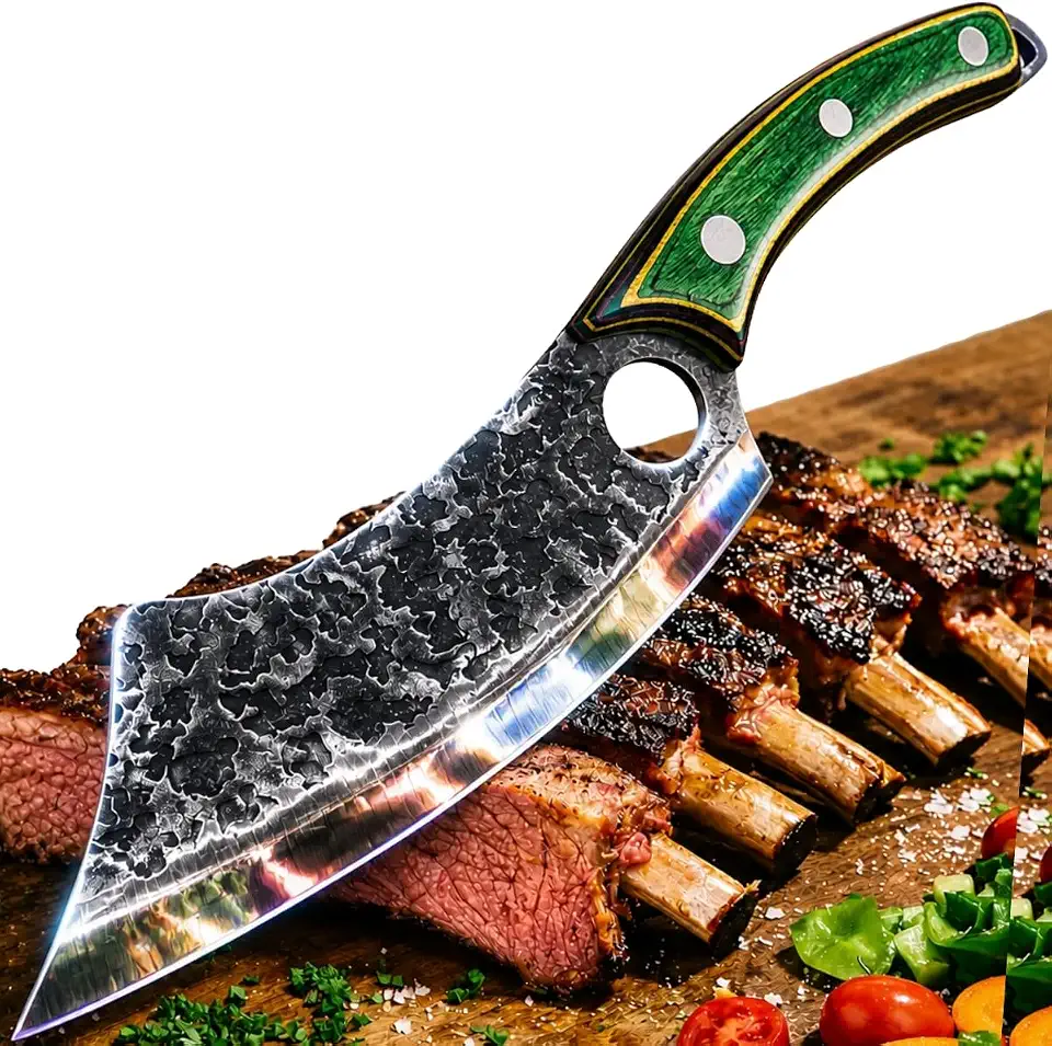 Faca Cutelo Quebra Osso Estilo Sérvio Artesanal para Churrasqueiro Profissional, Aço de Alto Carbono Martelado, Ideal para Carnes Pesadas, Frango e Costela, Inclui Capa Protetora Premium.