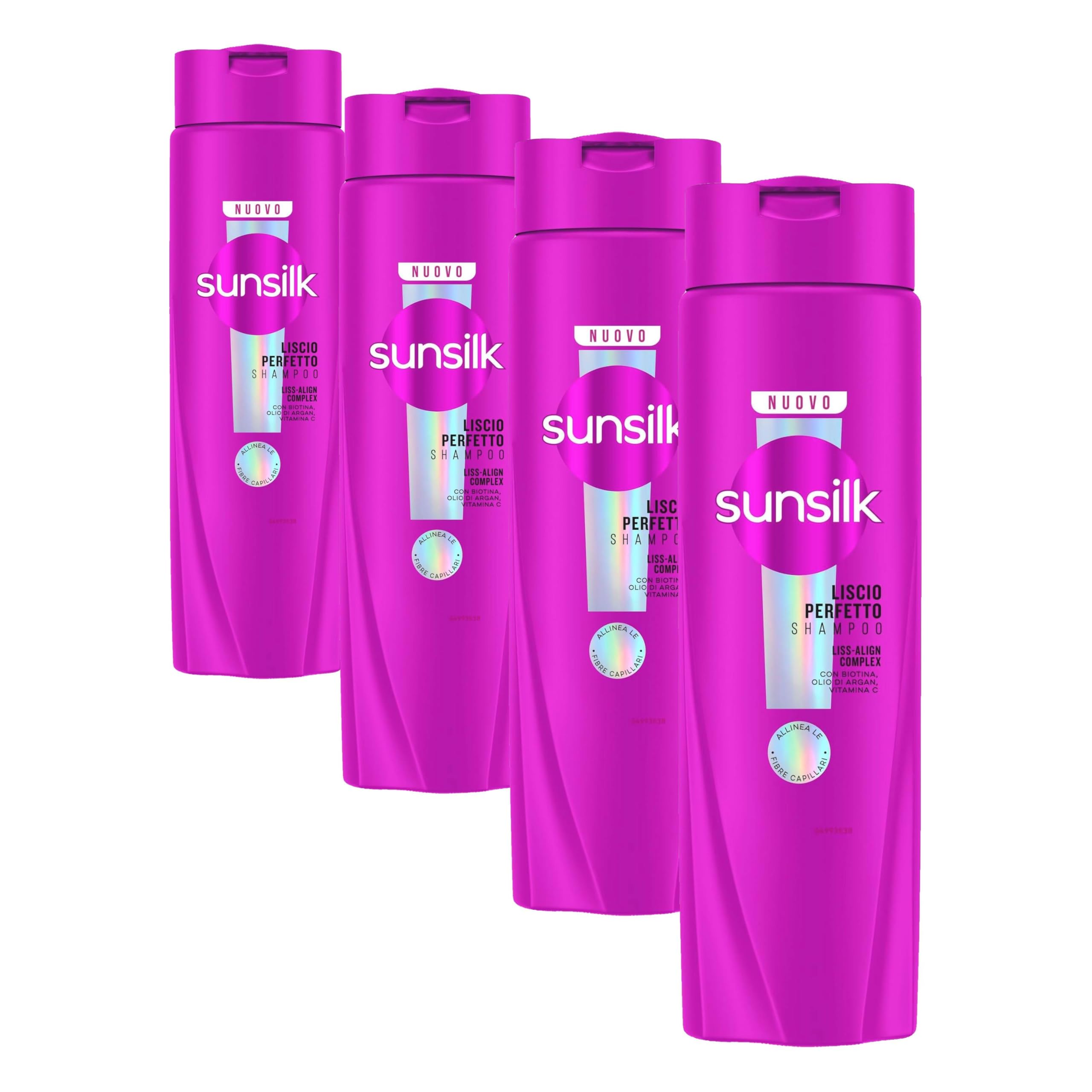 Sunsilk, Shampoo Liscio Perfetto, Shampoo per Capelli Lisci e Disciplinati, Formula Arricchita con Liss-Align Complex con Biotina, Olio di Argan e Vitamina C, 250ml (Confezione da 4)