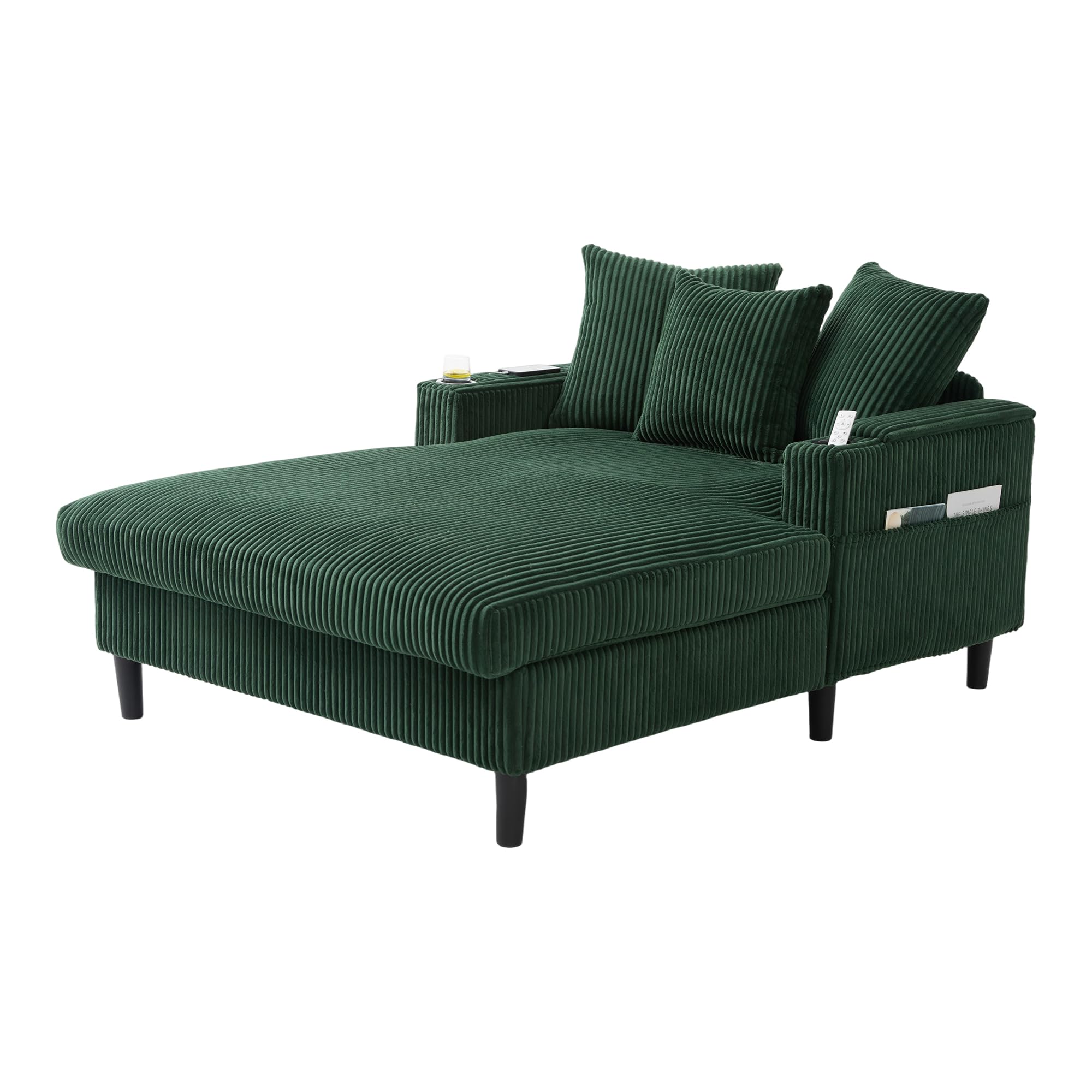 Salón multifuncional de pana con chaise longue con gran superficie de descanso, soporte para bebidas en ambos lados, bolsillo lateral, espacio de almacenamiento, patas de plástico estables