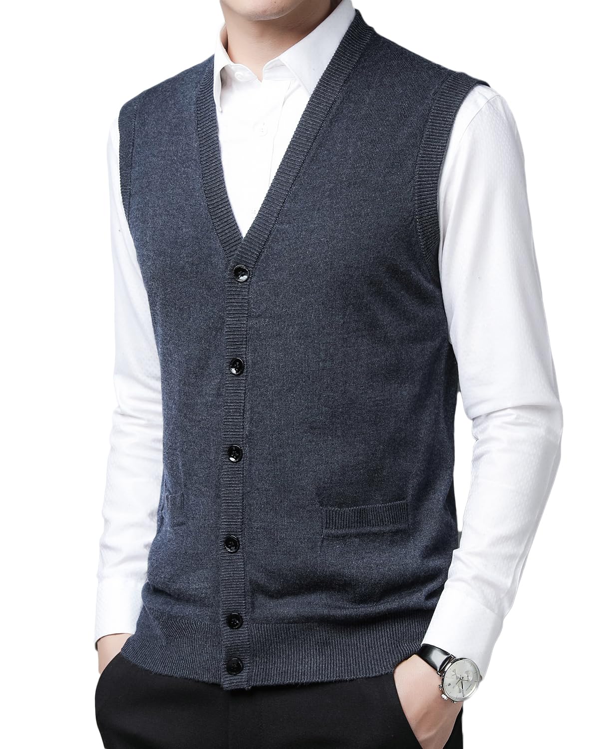 Herren Strickweste Ärmellos Zopfmuster Wollmischung Weste Strickjacke ohne Ärmel Strickpullover Tank Tops mit Knöpfen für Gentleman