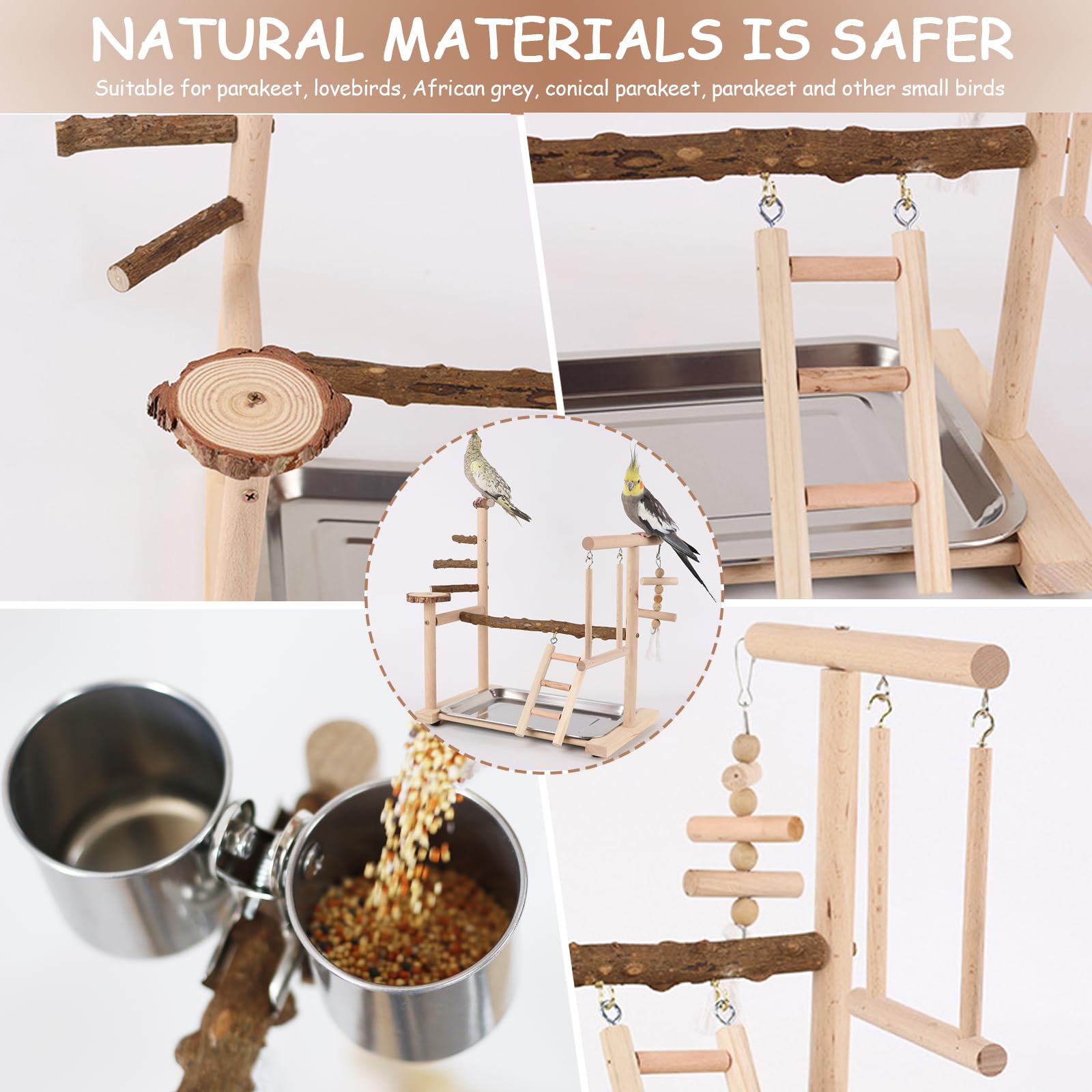 Support de Perroquet - Aire de Jeux pour Oiseaux en Bois avec Échelle, Balançoire, Mangeoire, Plateau et Jouets de Gymnastique Perchoir pour Oiseaux de Petite à Moyenne Taille
