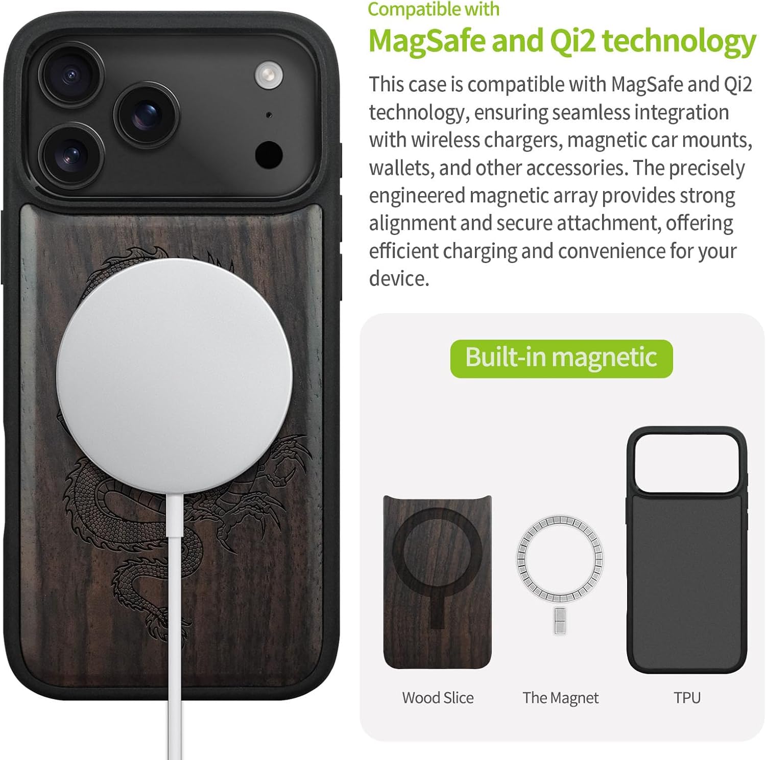 Carveit Magnetic Wooden Case for iPhone 17 Pro Max Case, Wood Artisan Engraved & Black Soft TPU Shockproof Cover, Compatible with MagSafe Wireless Chargers (The Oriental Dragon) Blackwood