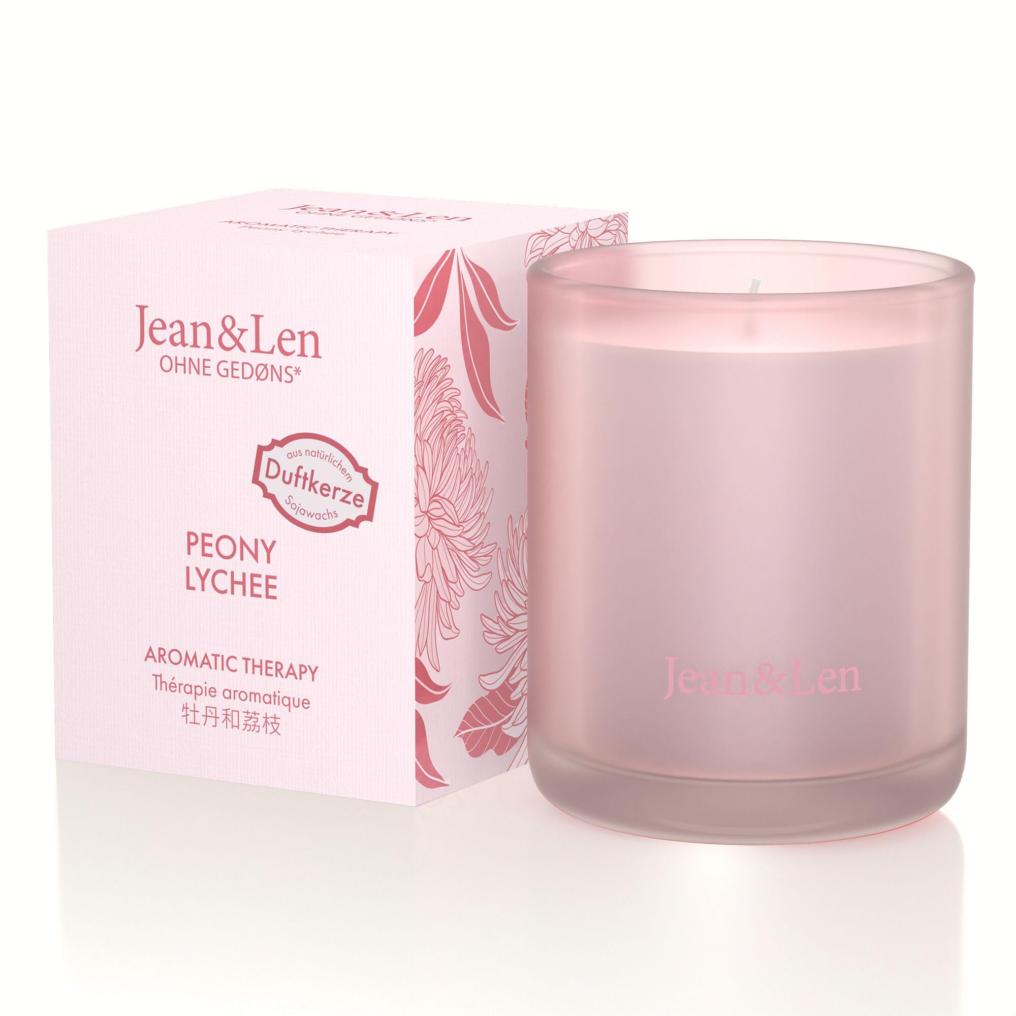 Jean & Len Aromatic Therapy Peony & Lychee, naturalna świeca z wosku sojowego, delikatny zapach kwiatowy, czas palenia 4 godziny, świeca zapachowa w szkle, 120 g