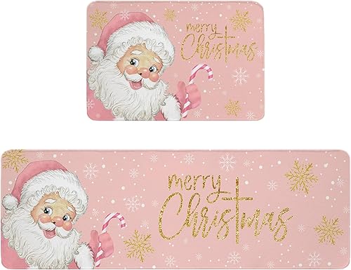 Juego de 2 alfombras y tapetes de cocina de Navidad de Papá Noel, color rosa, dorado, blanco, copo de nieve, tapete de baño antideslizante para