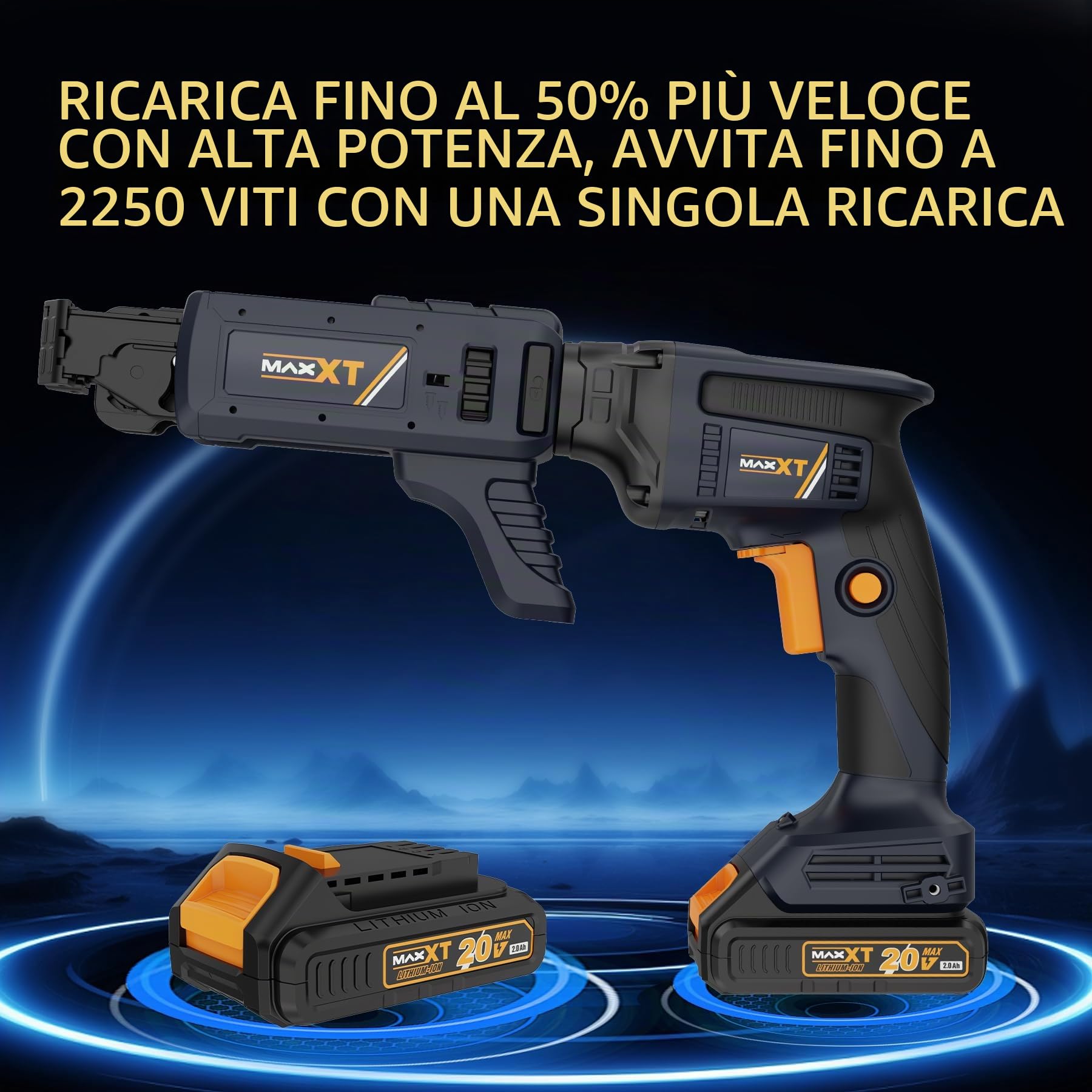 20V Atornillador con tope profundidad, MAXXT Cordless Lithium-Ion Brushless Drywall Screwdriver Autofeed 5000RPM with Collated Drywall Attachment（Included 2.0Ah Battery and Charger
