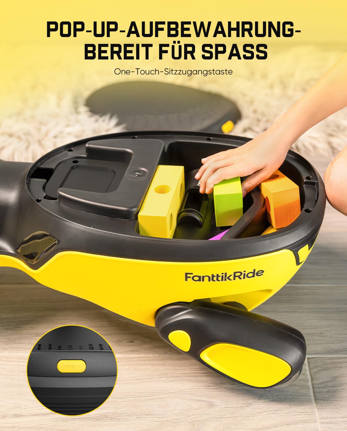 FanttikRide N10 Classic Elektroauto für Kinder ab 3 Jahren, Gelb | Kinderauto elektrisch mit Pedal & USB-C-Akku, Ein-Klick-Wischmopp, GlideWiz, Kippschutz, blinkende Räder, Bluetooth, bis 68kg