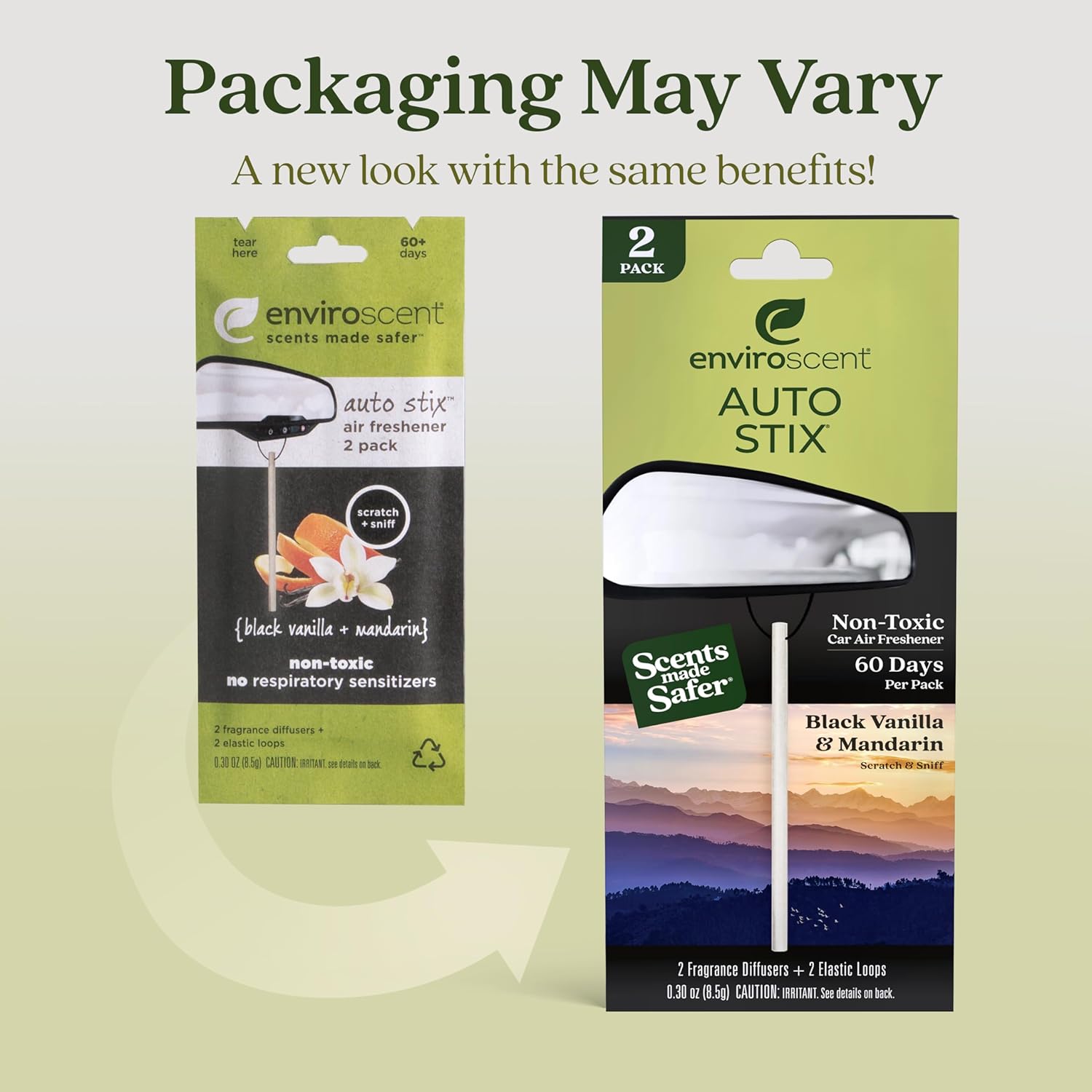 Enviroscent Non-Toxic* Car Air Freshener Auto Stix® - Scents Made Safer - Enjoy Fragrance Lasts Up to 480 Days - Includes Auto Stix® Diffusers & Elastic Loops - Black Vanilla & Mandarin (Pack of 8)