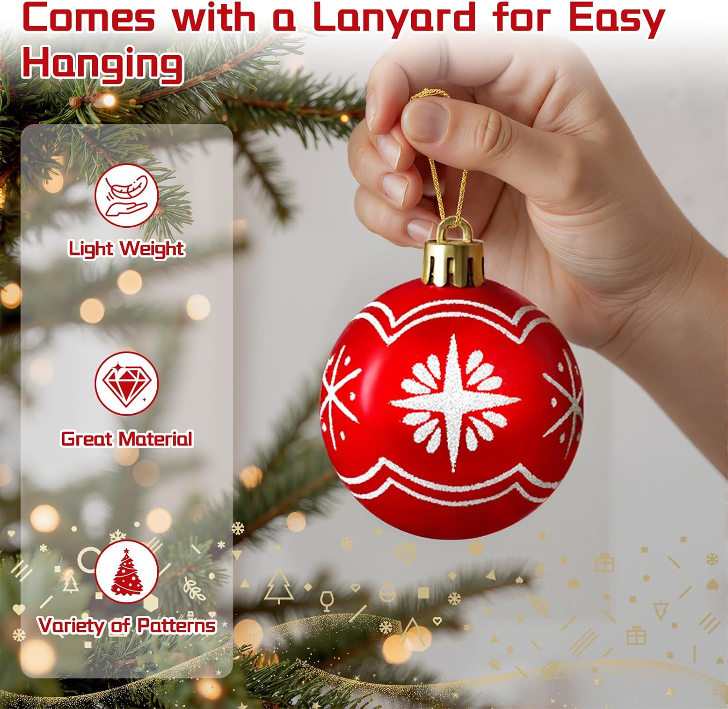 82PCS Christmas Ornaments, Ornaments with Hanging Strings for Christmas Tree Decorations, Hanging Xmas Decorations with Kraft Paper Box with Lid for Holiday, Party(Red&White)