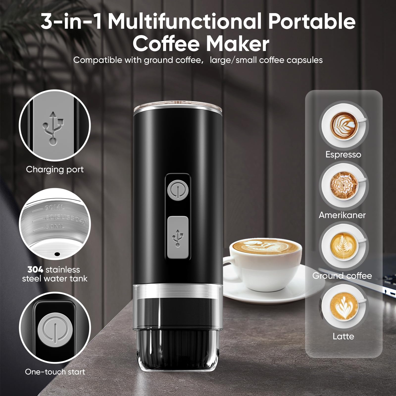 Cafetière Électrique Portable Tyenaza - 15 Bars Pour Voyage Et Camping
