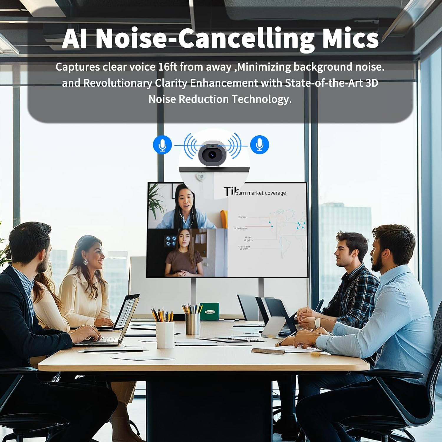 A meeting room scene where participants are using the TIBURN Flip Board for a video conference, demonstrating the AI Noise-Cancelling Microphones.