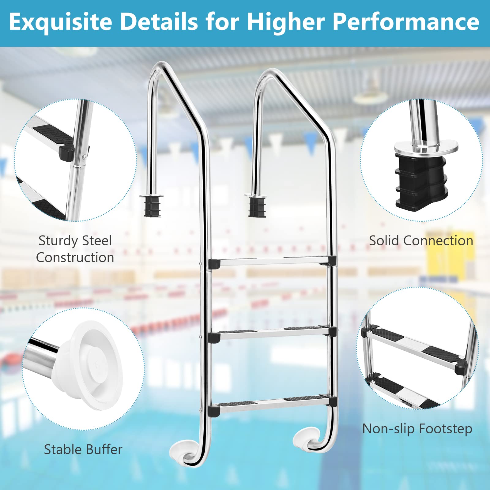 LIFEZEAL Échelle de Piscine 3 marches Acier Inoxydable, Échelle en U avec Marches Antidérapantes