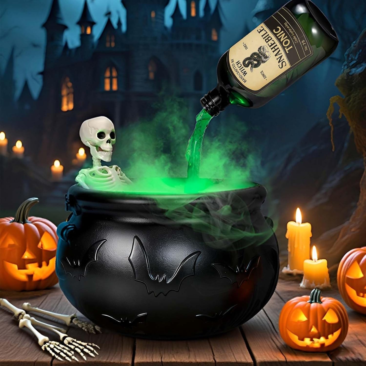 Halloween Decor Indoor - Cauldron Decorations with Skeleton, Magic Floating Potion Bottles & Fog Maker -Scary Witches Cauldron Halloween Party Decoration for Home kitchen Table