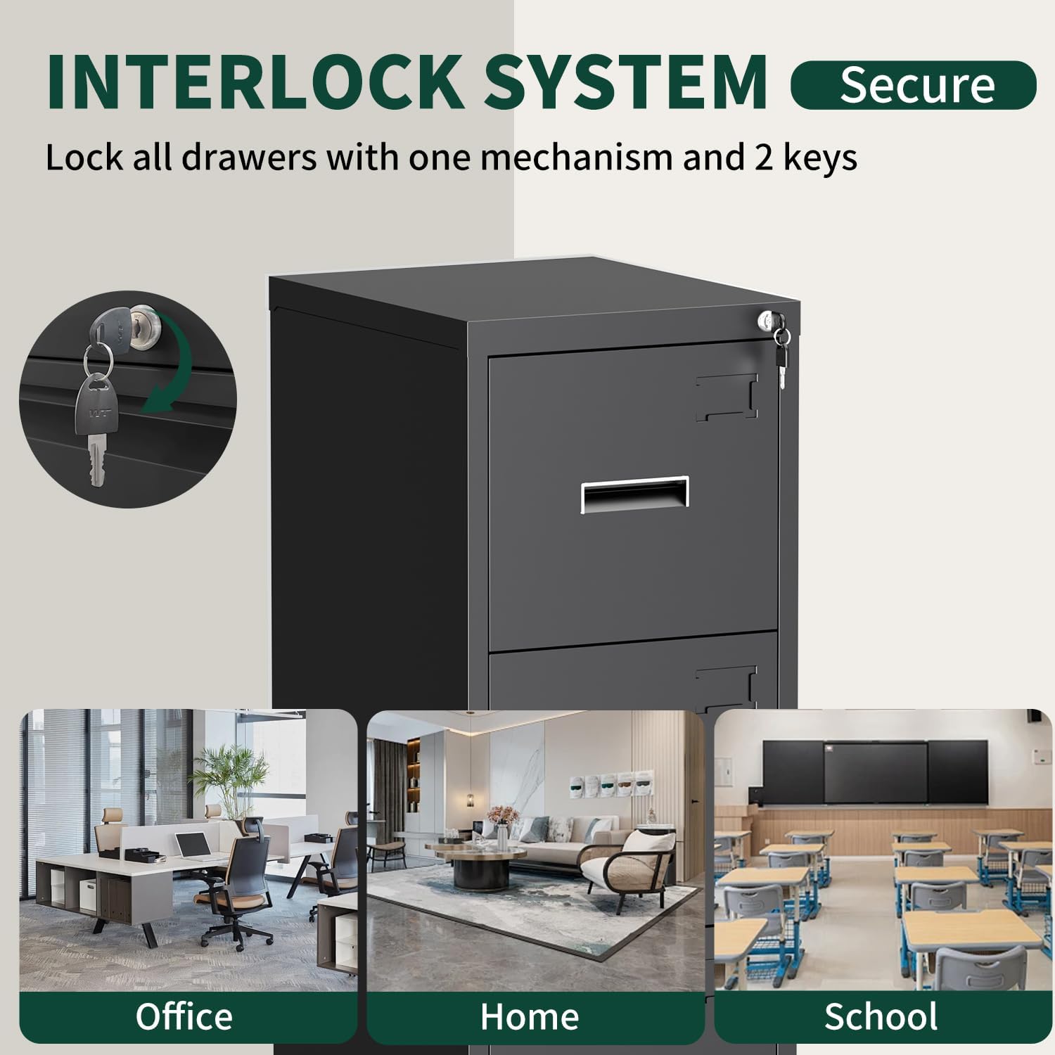 3 Drawer File Cabinet with Lock, Vertical Filing Cabinets for Home Office, Metal Locking File Cabinet Hanging Files for A4/ Legal/Letter Size, Require Assembly, Black