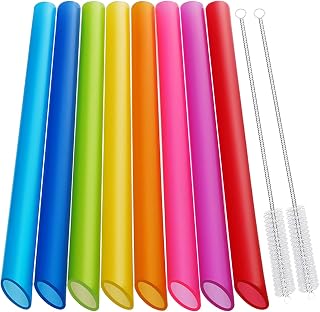 HIWARE 8-Pack Angled Tip Reusable Boba & Smoothie Straws - Jumbo Wide BPA-Free Plastic, Multi-Color with 2 Brushes