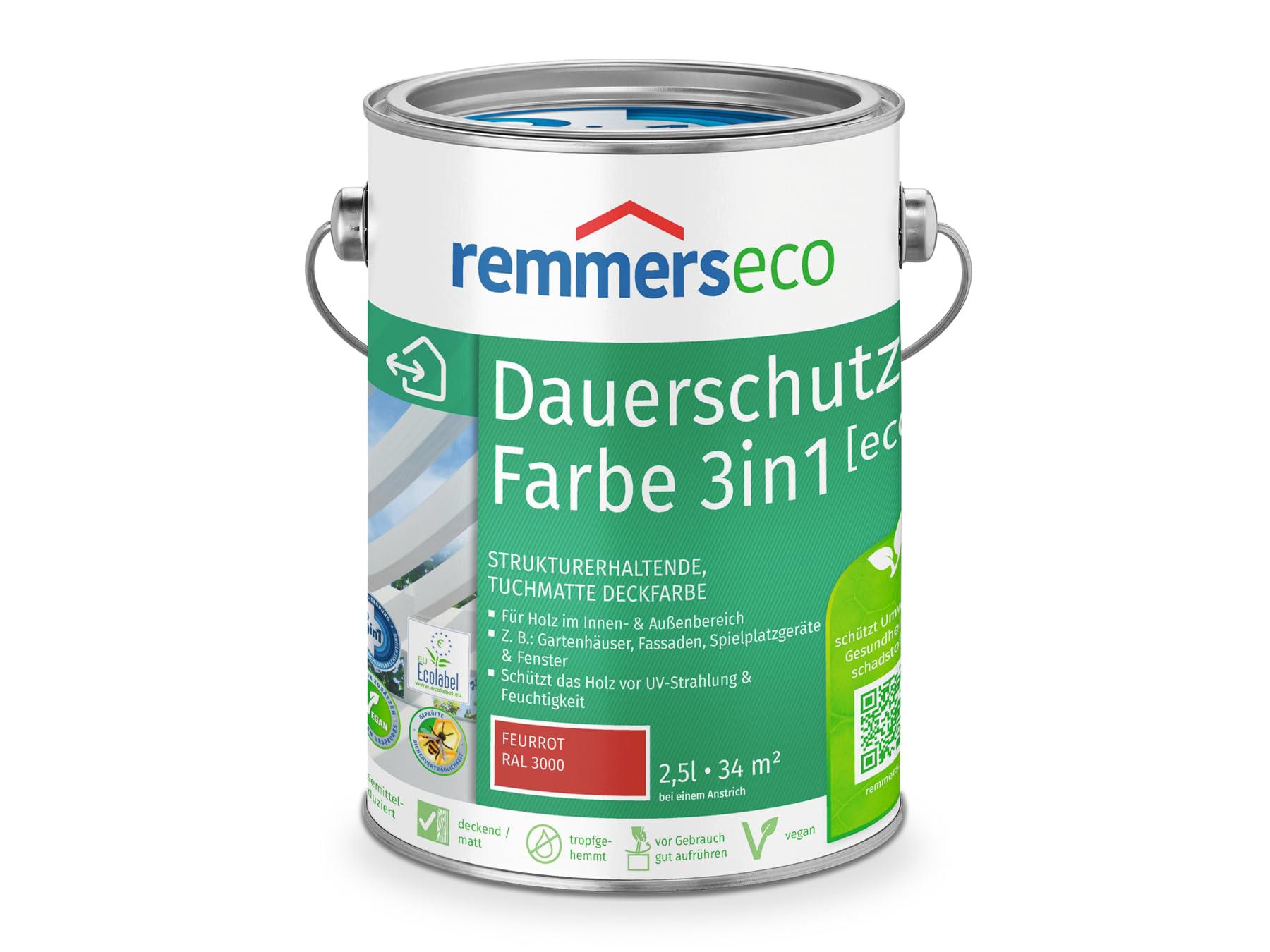 Remmers Dauerschutz-Farbe 3in1 [eco] feuerrot (RAL 3000), 2,5 Liter,für innen und außen, 3in1: Isoliergrund, Zwischen- und Schlussbeschichtung