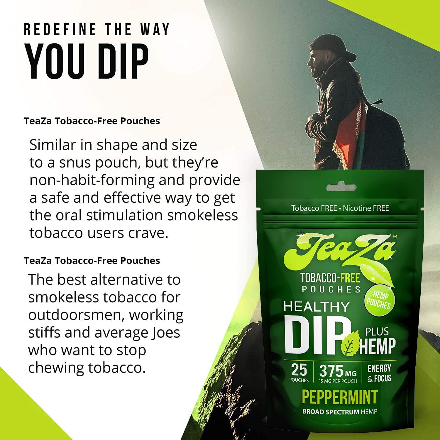 TeaZa Energy Smokeless Alternative with Hemp | Quit Chewing and Dipping Snuff | Nicotine and Caffeine Free Herbal Energy Pouch (Peppermint, 4 Pack) : Health & Household