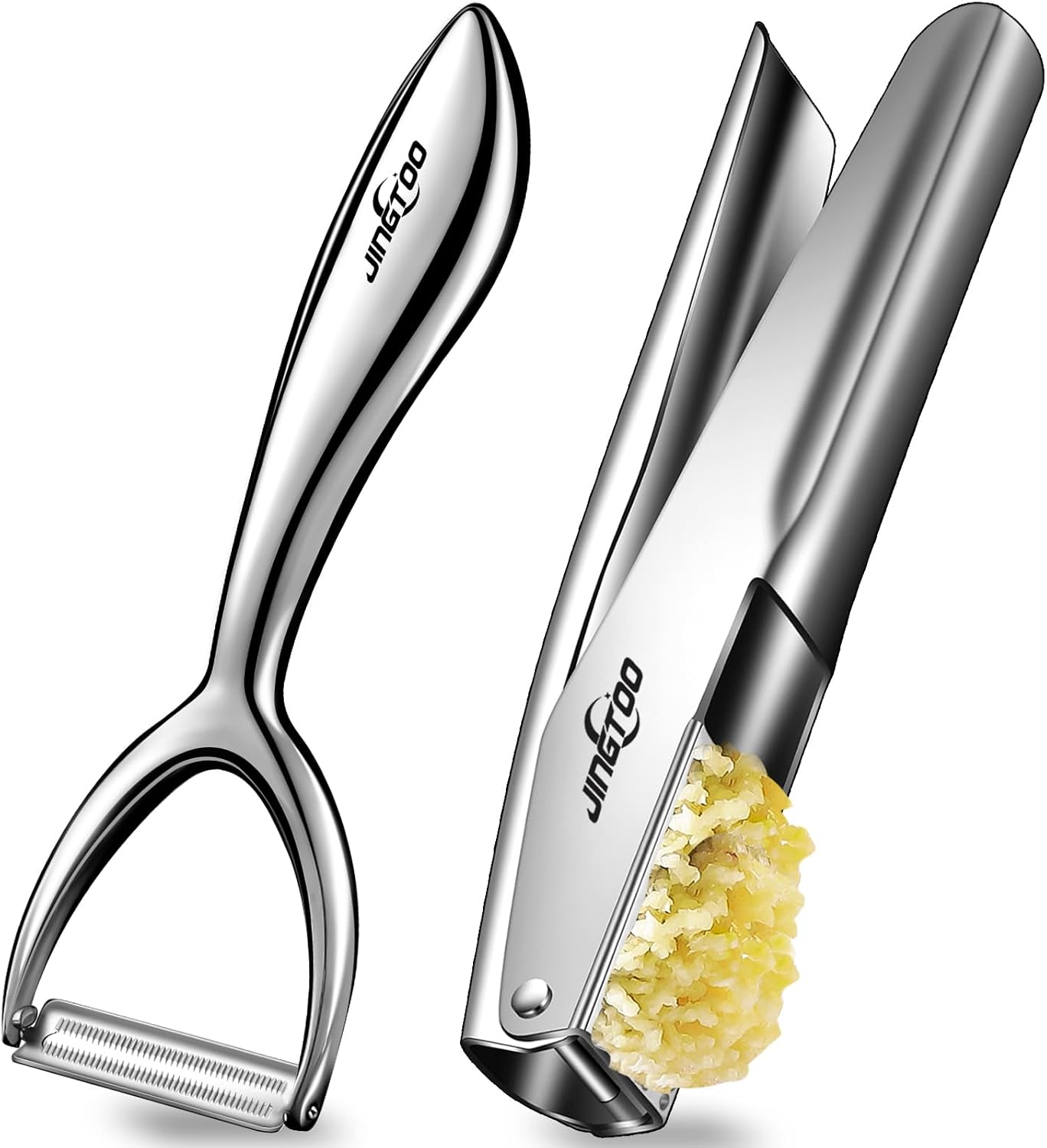 Premium Kitchen Tool Kit, Ultra Sharp Serrated Peeler + Large Trough Garlic Press, Food Grade Stainless Steel Ergonomic Handle Durable 5-year Warranty