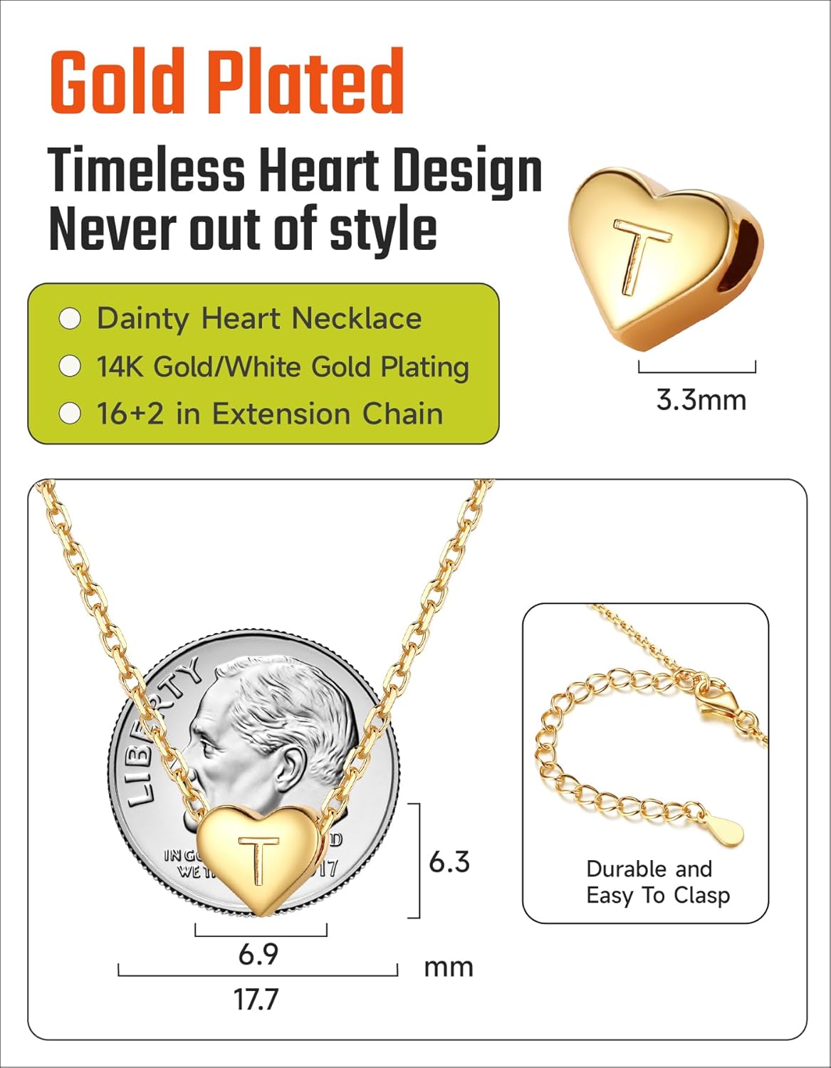 Initial Necklace for Women Tiny Dainty Heart Pendant Necklace Gifts for Women 14K Gold Plated/White Plated Heart Letter A-Z Birthday Jewelry Gifts