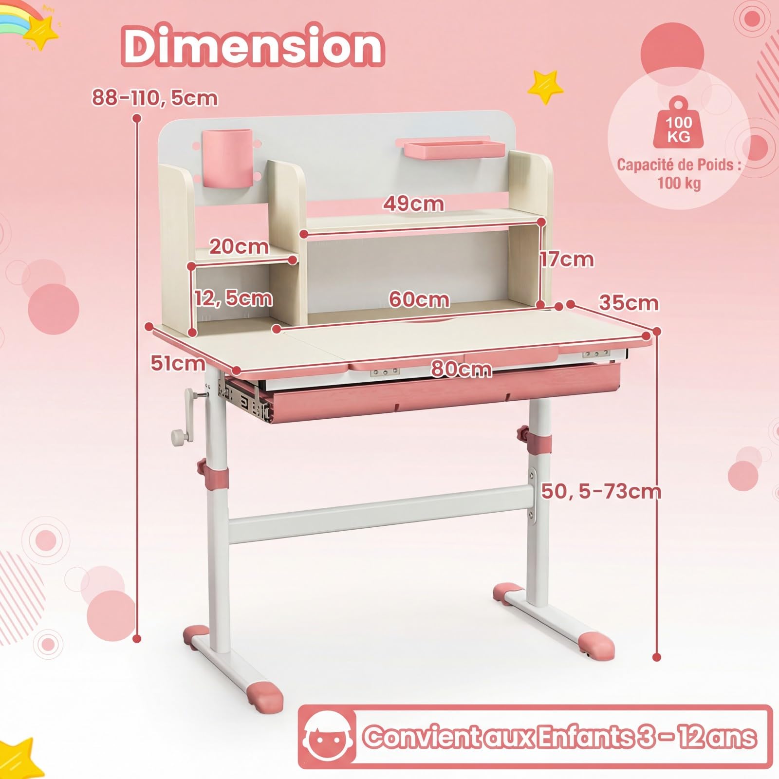 DREAMADE Bureau Enfant 2 Niveau Plateau Inclinable Hauteur Réglable Table d'Étude Ergonomique Bibliothèque Tiroir Charge 100KG Rose