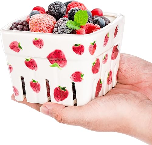 Miniatura 9 de Paquete de 4 cestas de bayas de cerámica, cuencos cuadrados de frutas de 4.6 pulgadas con agujeros, recipientes de bayas rosas y blancas para