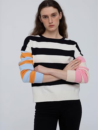 Oversized Striped Sweater Women Color Block Batwing Sleeve Pullover Sweaters Fall Crewneck Knit Tops