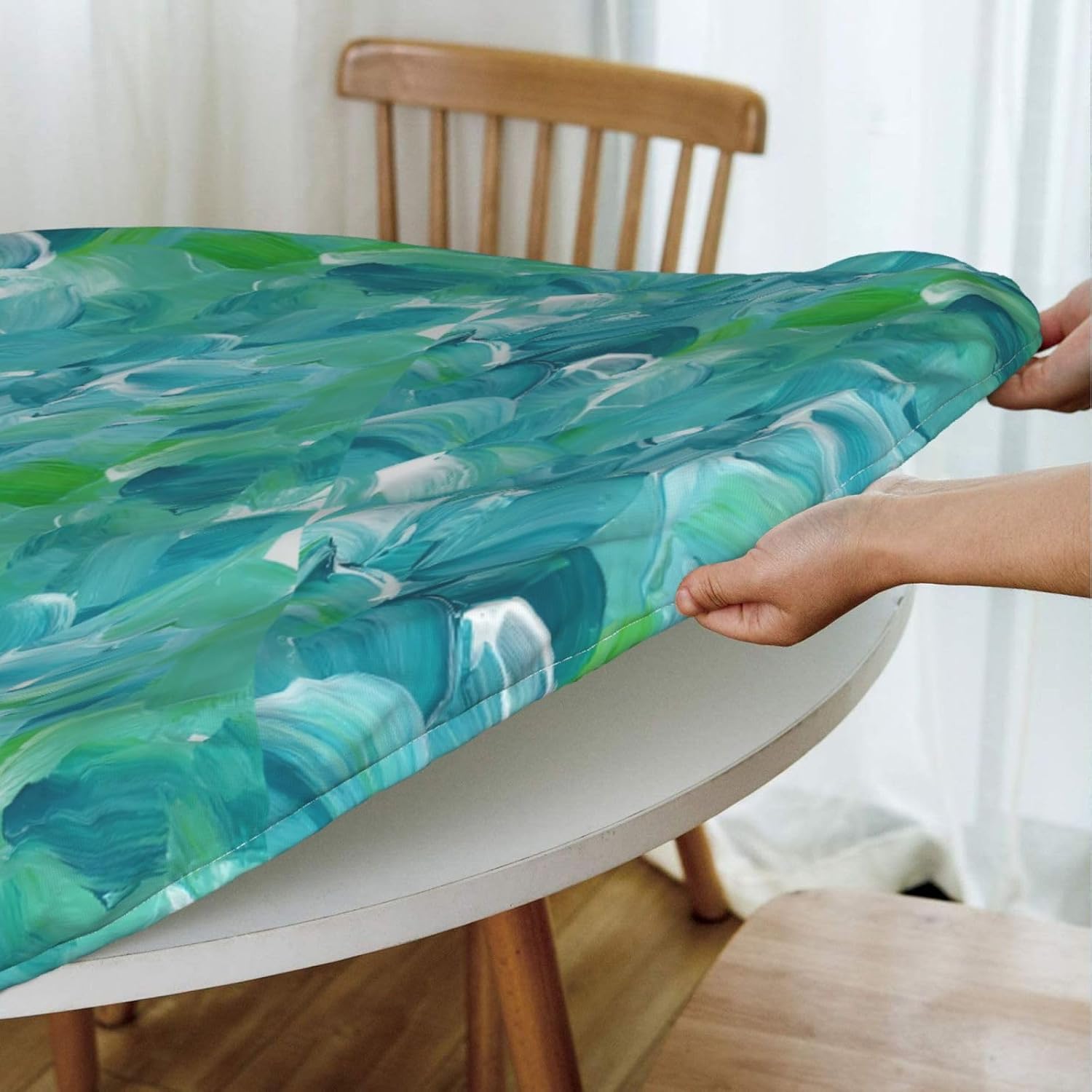 Blue Oil Paint Texture Print Outdoor Patio Kitchen Decor Supplies Wipeable Round Table Cloth for Indoor Outdoor