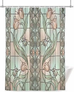 QueenKer Byzantine Glass Shower Curtain Vintage Tulip Leaves Colored Glass Waterproof Fabric Shower Curtain Set with 12 Hooks, Bathroom Curtains for Farmhouse Home Hotel Holiday Decor, 72" W x 84" L