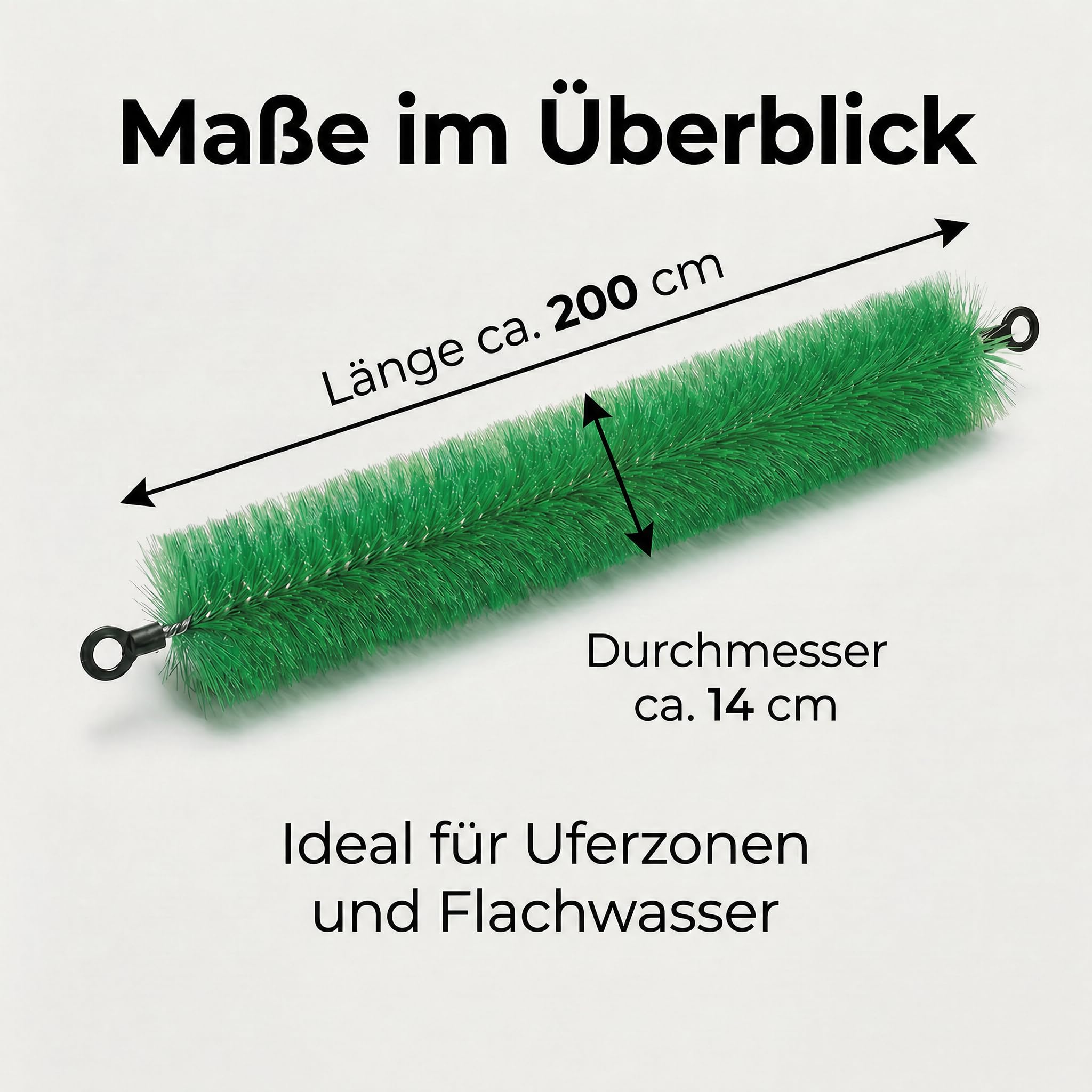 PondLife Laichbürste für Koi, flexible Ablaichhilfe für Teichfische, erweiterbar über Endösen, 200 cm Länge, Ø 14 cm, weiche PP-Fasern, rostfreier Drahtkern, Grün/Schwarz, Made in Germany