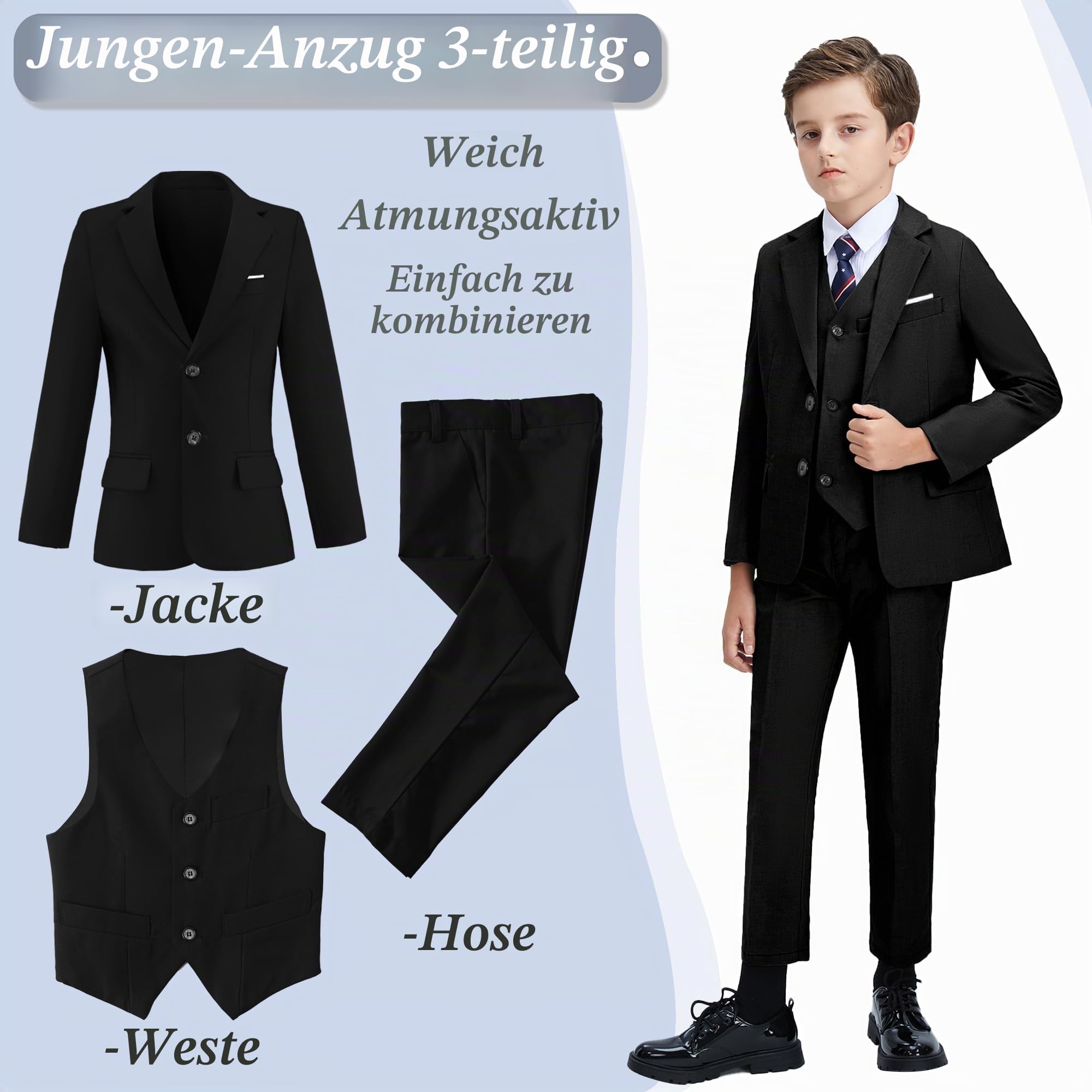 Jungen 3-teiliges Anzug-Set mit Anzugjacke, Weste, Hose, formeller Smoking, schmale Passform, Ringträger-Outfit, Größe 2–20