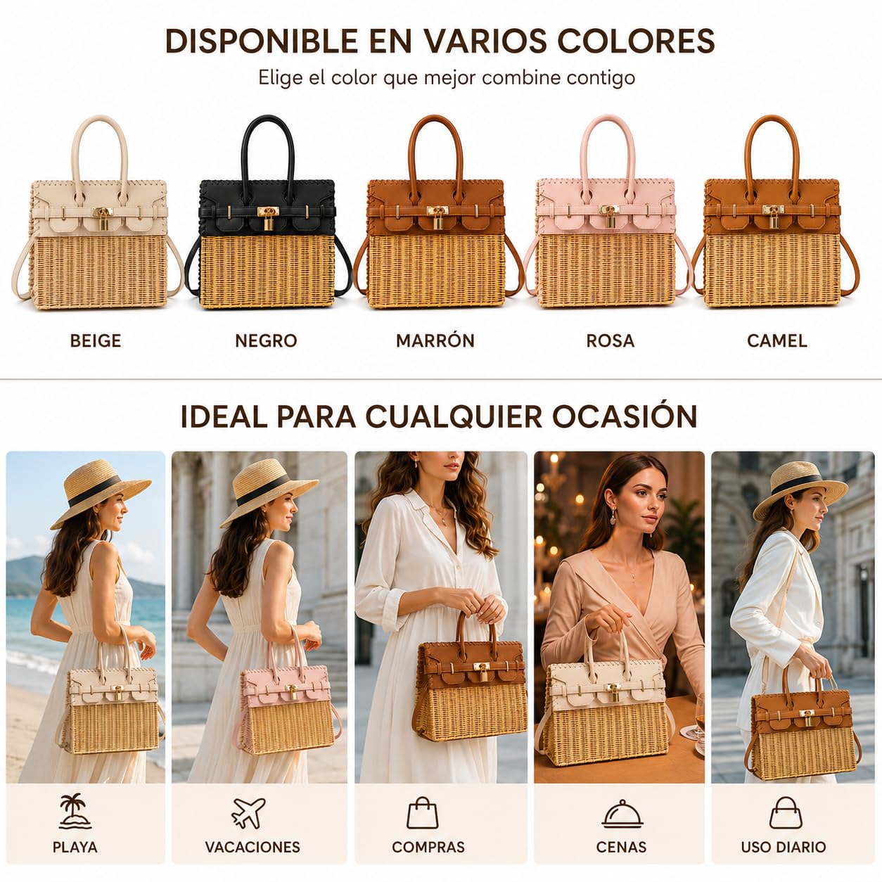 Bolso de Mimbre para Mujer con Asa y Bandolera, Bolso de Ratán y Piel Sintética, 30 x 22 x 12 cm, Bolso de Mano y Hombro para Playa, Viajes y Uso Diario
