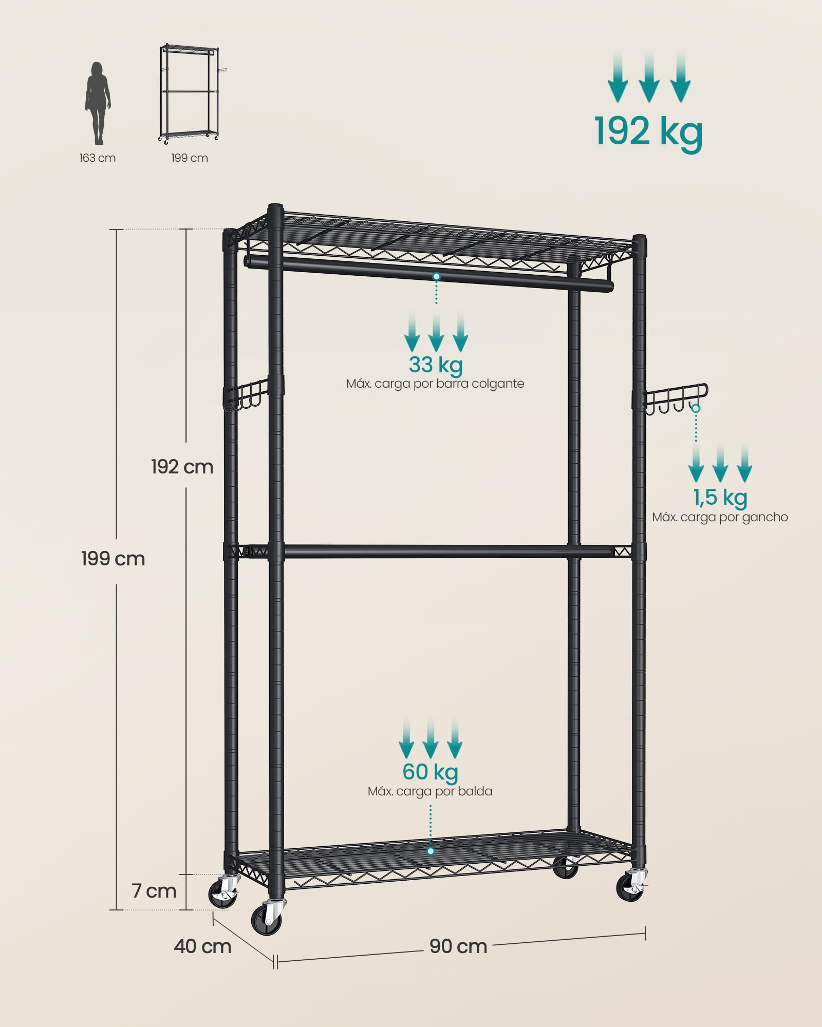 SONGMICS Portant à Vêtements sur Roulettes, Penderie en Métal, Vestiaire, avec Étagères Réglables, Tringles et Crochets, 40 × 90 × 199 cm, Noir d’Encre LGR416BH01