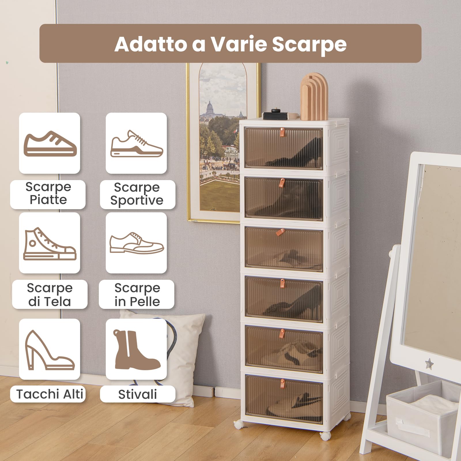COSTWAY Scarpiera Pieghevole a 3/4/6 Piani, Mobile Multiuso Impilabile con Porte Trasparenti Magnetiche e Ruote Piroettanti Bloccabili, Contenitore con Coperchio per Cibi Giocattoli Abiti (6 Piani)