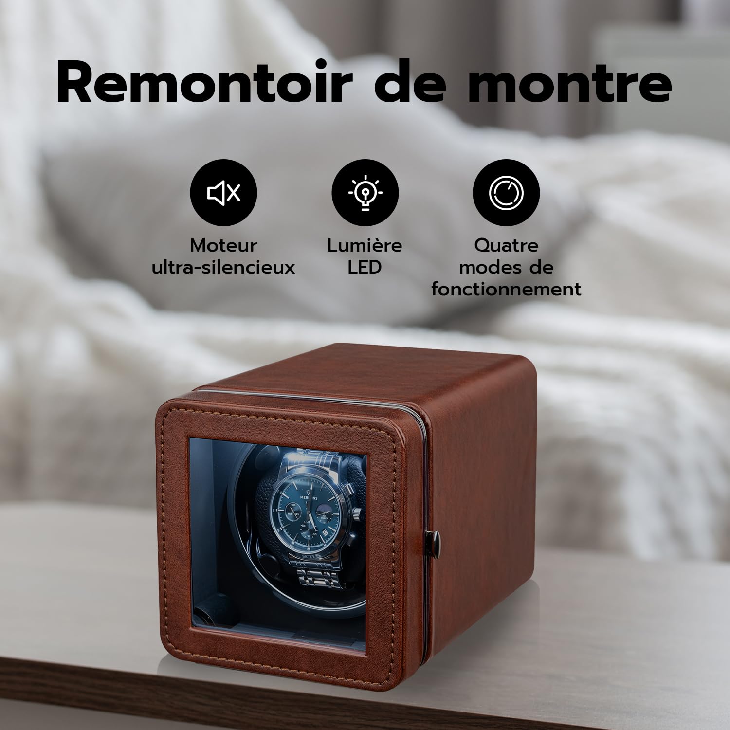Mcbazel Remontoir 1 Montre Automatique - Moteur Ultra Silencieux avec Lumière LED, 4 Modes de Rotation, Boîte en Cuir PU, Affichage à 90° pour Montres Automatiques/Alimenté par USB – Marron
