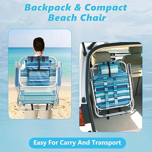 Miniatura 7 de Paquete de 2 sillas de playa plegables para adultos, 5 posiciones de aluminio reclinable, sillas compactas de arena baja con portavasos y