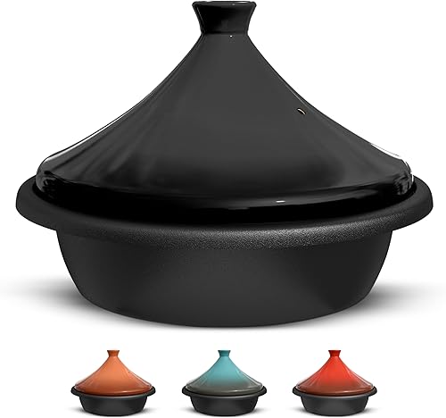 Kook Tagine marroquí, olla de hierro fundido esmaltado, tajine con tapa cerrada en forma de cono de cerámica, 3.3 cuartos de galón (negro)