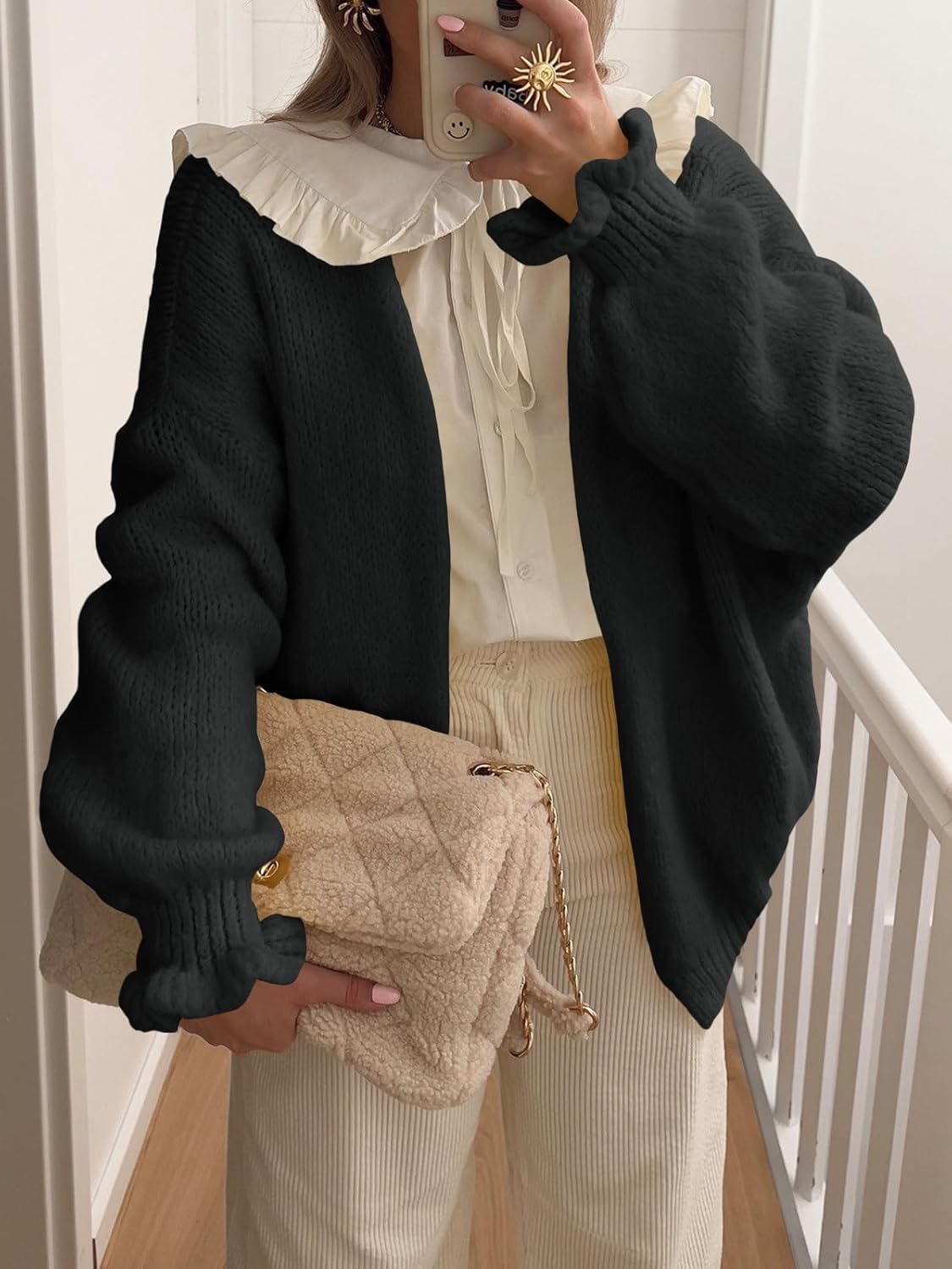 Saodimallsu Womens Oversized Open Front Cardigan Fall Ruffle Lantern Long Sleeve Chunky Knit Loose Sweater Coats - Image 2