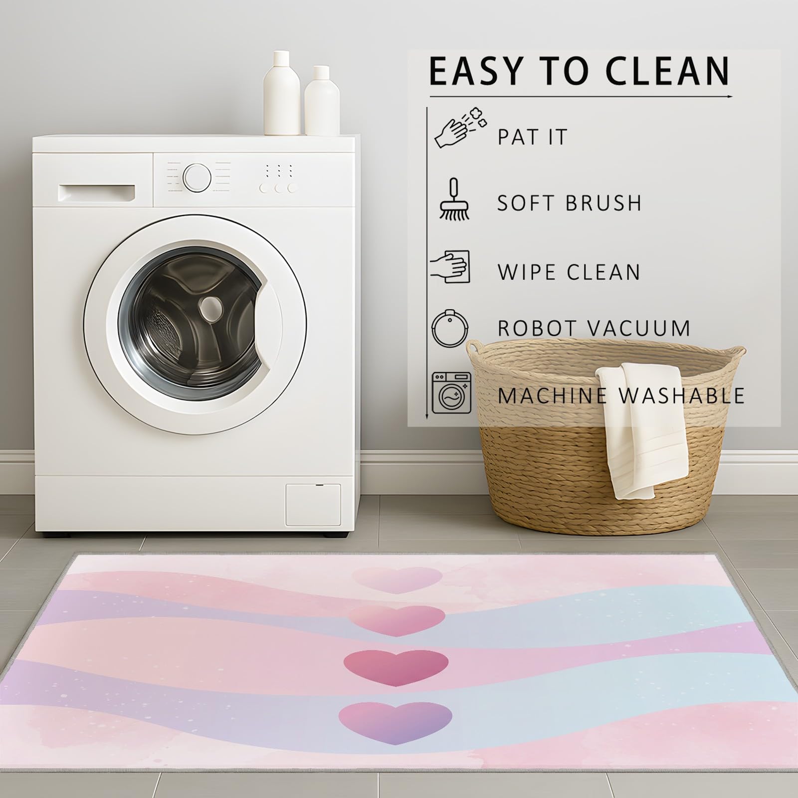 Tappeto moderno romantico per soggiorno, 140 x 200 cm, lavabile, antiscivolo, morbido, a pelo basso, antimacchia, motivo a cuori, per interni, decorazione per la casa