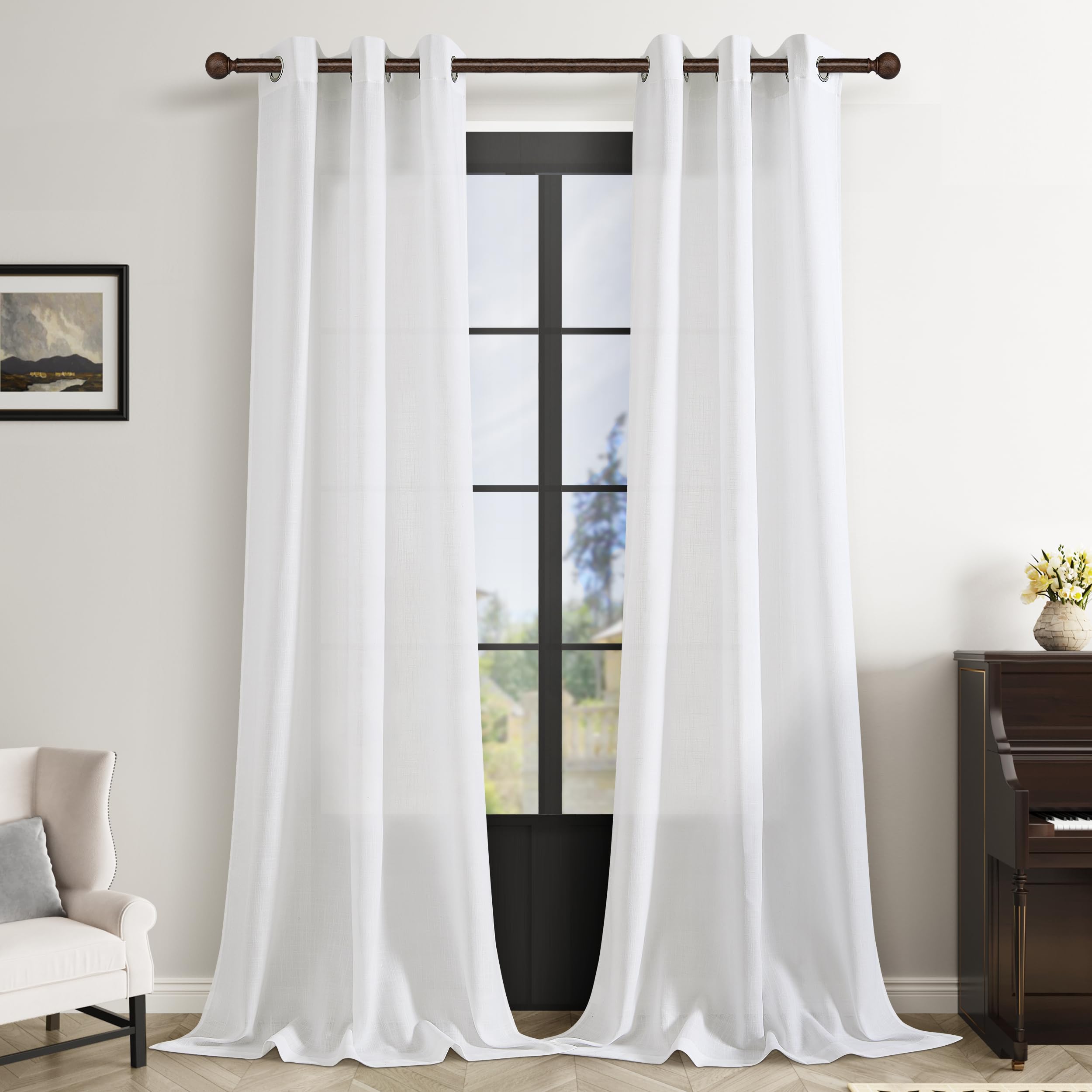 Aersas Linen Curtains 90 Inches Long for Living Room Grommet White — image 1
