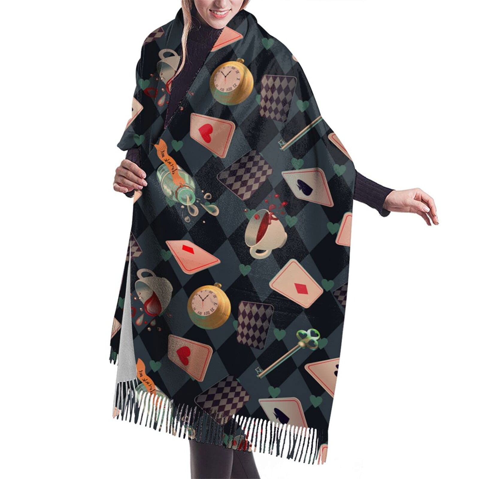 Odhhgdf Women's Wonderland Playing Cards Abstract Alice Chess 1 Toile De Jouy Stile Beige And Brown Retro Landscape 10 Shawl Winter Scarf For Soft Warm Cashmere Feel Pashmina Shawl Wraps Tassel Scarves
