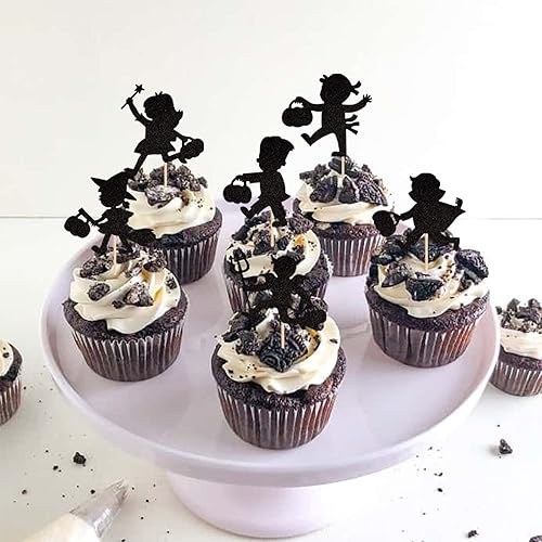 Miniatura 5 de 24 piezas de palillos de cupcakes con purpurina negra para trucos o tratos, adornos de cupcakes de Halloween para baby shower, fiesta de cumpleaños