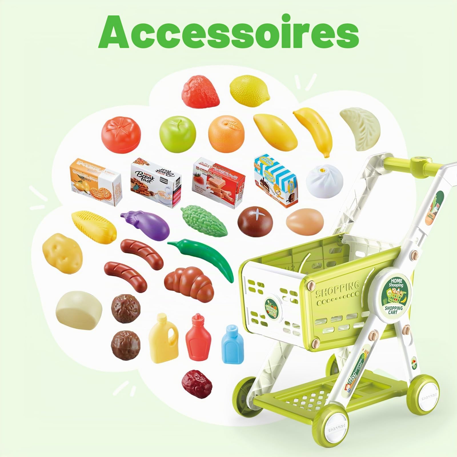 Chariot de Courses Enfant, 31Pièces Chariot de Supermarché Jouet avec Accessoires de Fruits Légumes Nourriture, Jeux de Rôle Caddie D'épicerie Magasin pour Garçons et Filles (Vert)