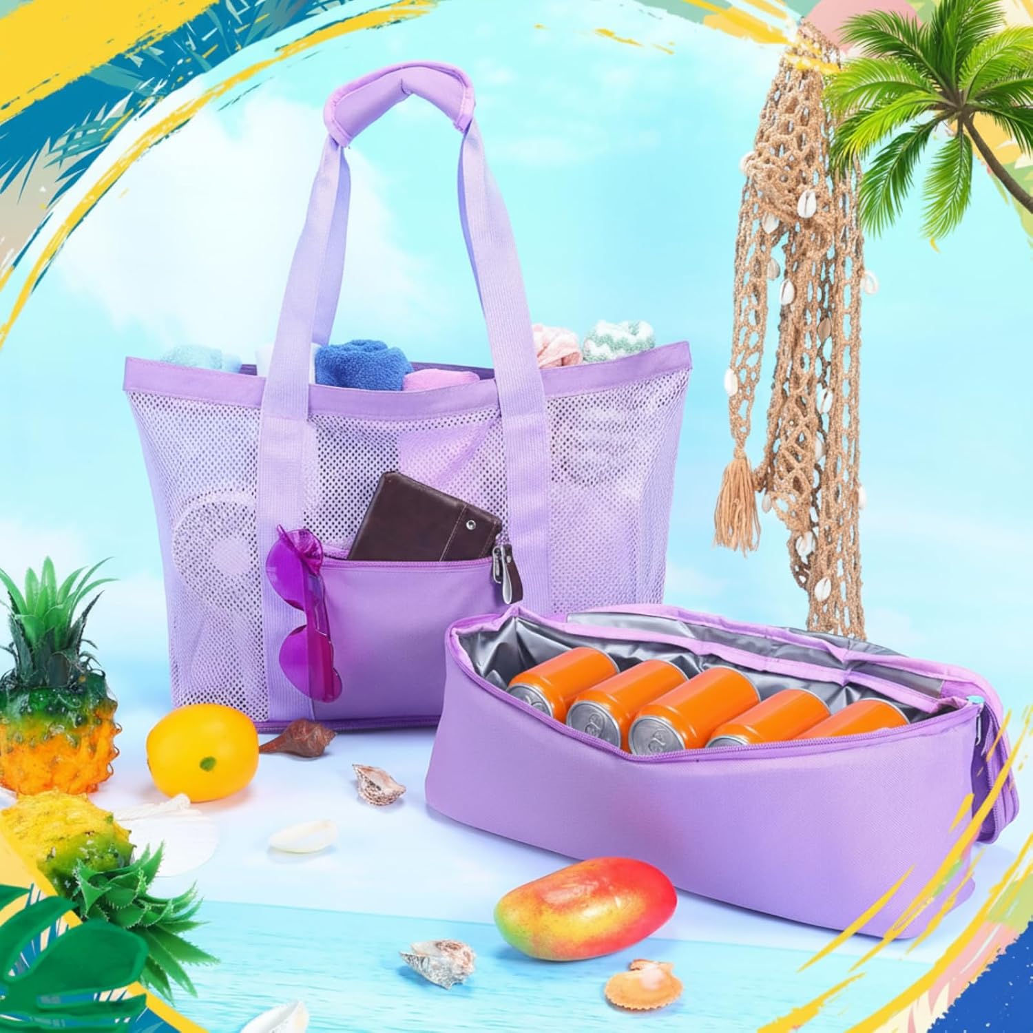 Abbylike Large Mesh Beach Tote Bag with Insulated Cooler and Pocket Detachable Waterproof Sandproof Picnic Swim Pool Bag(Light Purple) - Image 3